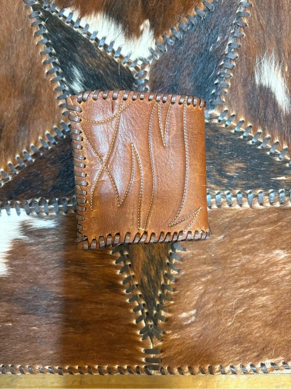 Vintage Brown Leather Cowboy Boot Bifold Wallet with Brass Accent